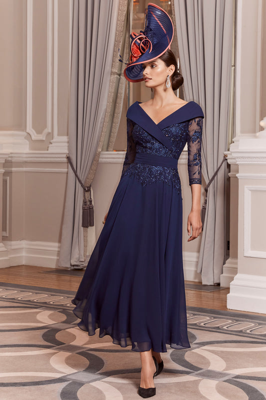 Veni Infantino Chiffon Skirt Lace Detail Dress Navy 992013
