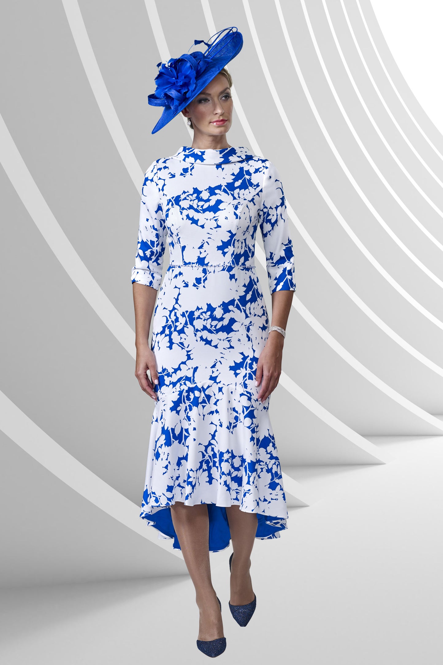 Veromia Occasions Floral Print Dipped Hemline Dress - Ivory/Cobalt - VO9166