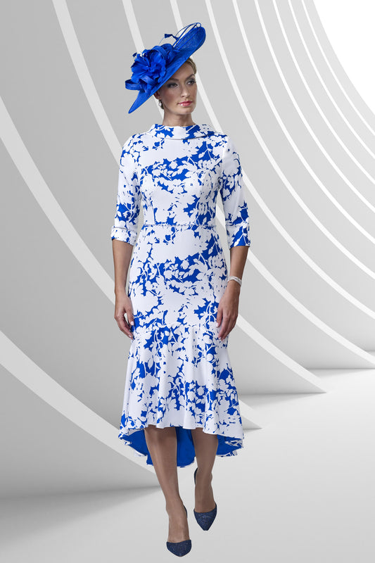 Veromia Occasions Floral Print Dipped Hemline Dress - Ivory/Cobalt - VO9166