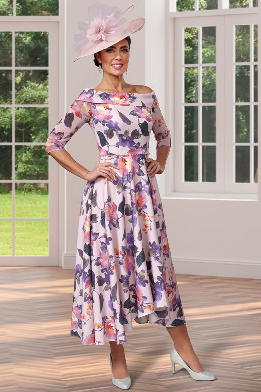 Veromia Occasions Floral Bardot Neckline Dress - Pink - VO1609