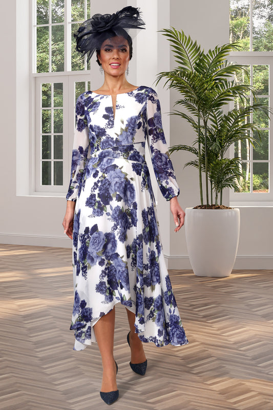 Veromia Occasions Floral Detail Hanky Hem Dress - Blue/Ivory - VO1620