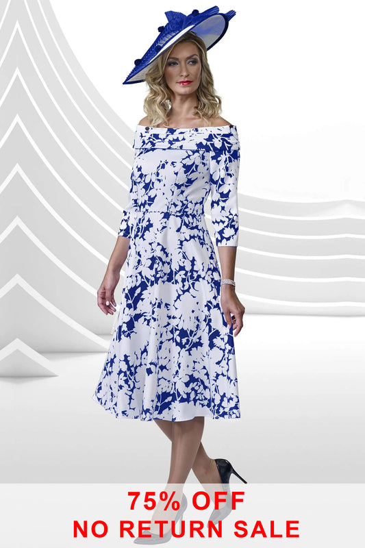 Veromia Occassions Bardot Neckline A-Line Dress Ivory/Cobalt VO9167