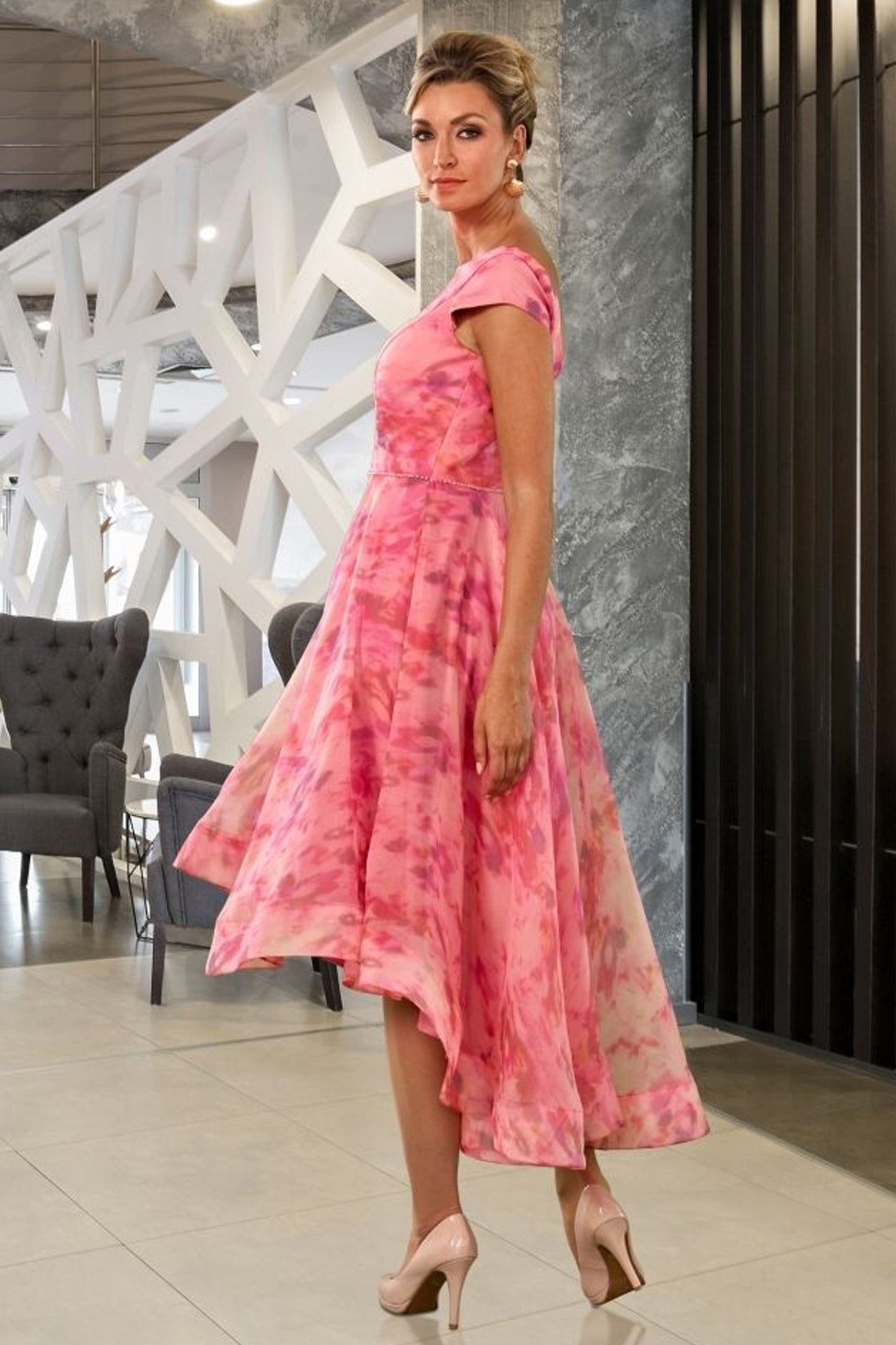 Veromia Occasions Abstract Print 50's Style Dress Coral VO7711