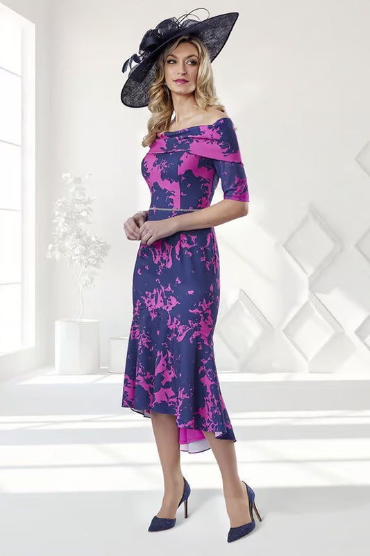 Veromia Occasions Diamante Trim Printed Fish Tail Dress - Fuchsia/Navy - VO8125
