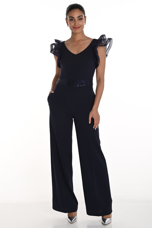 Frank Lyman Wide Leg Ruffle Sleeve Jumpsuit  Midnight 258132-303