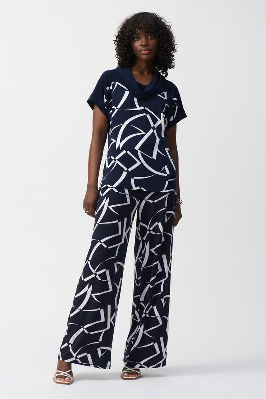 Joseph Ribkoff Woven Abstract Print Boxy Top Midnight Blue/Vanilla 251110-2229