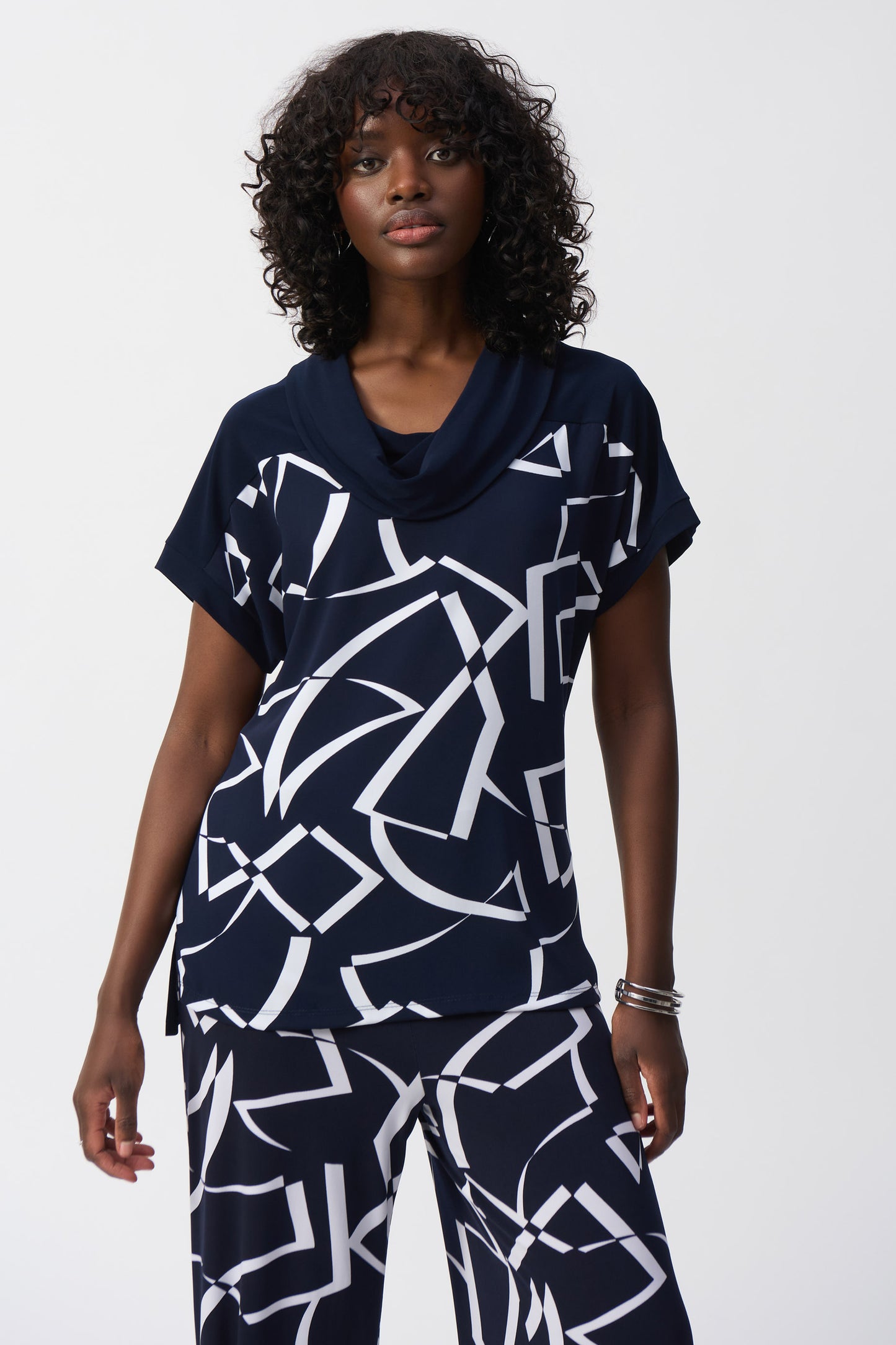 Joseph Ribkoff Woven Abstract Print Boxy Top Midnight Blue/Vanilla 251110-2229
