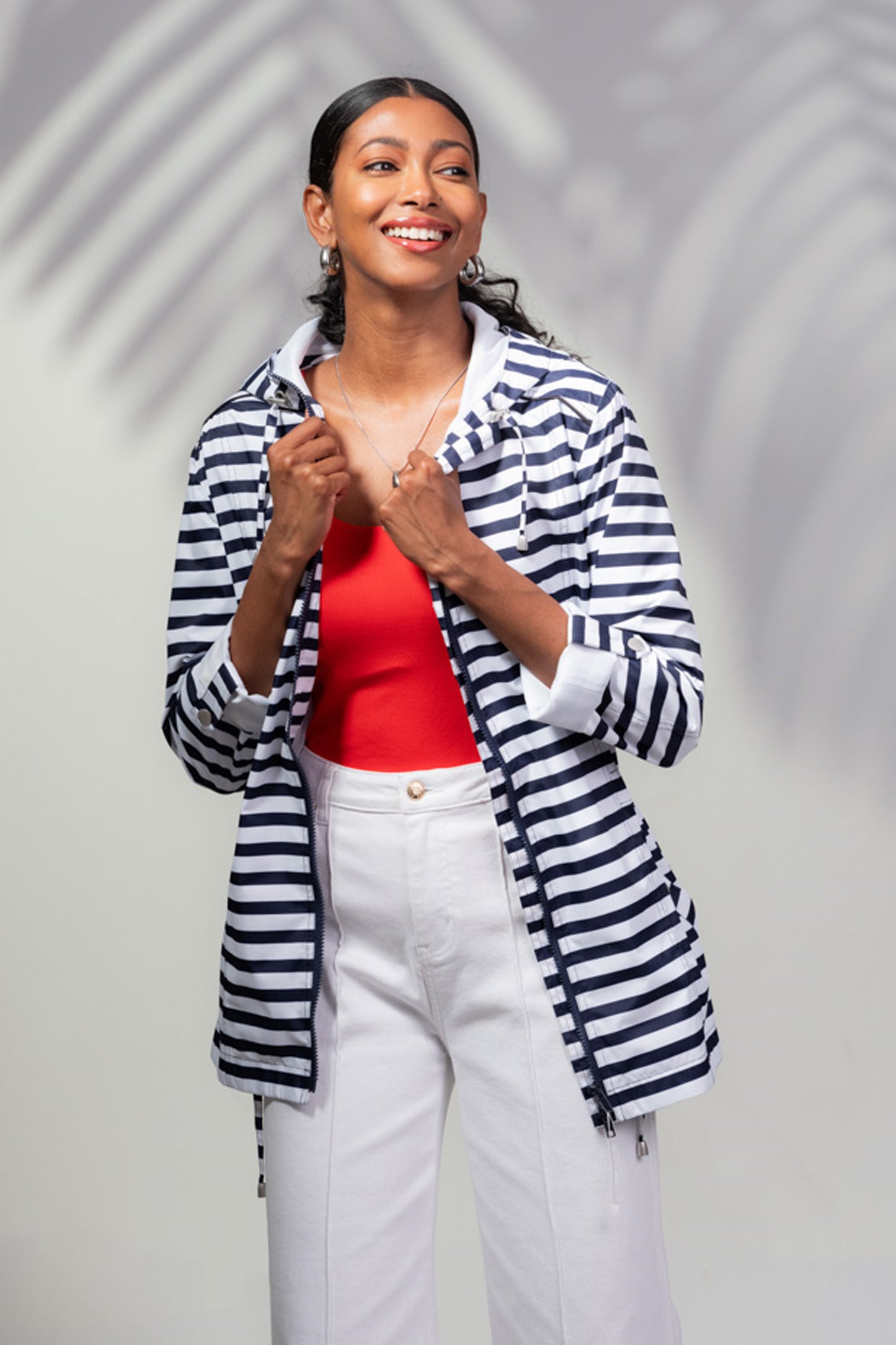 Alison Sheri Waterproof Striped Hooded Jacket Navy/White A45430