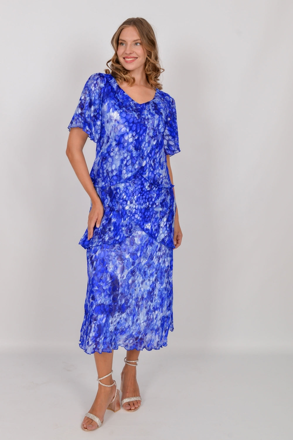 Allison Oval Print Layered Silk Dress - Royal/Multi - 4797-13