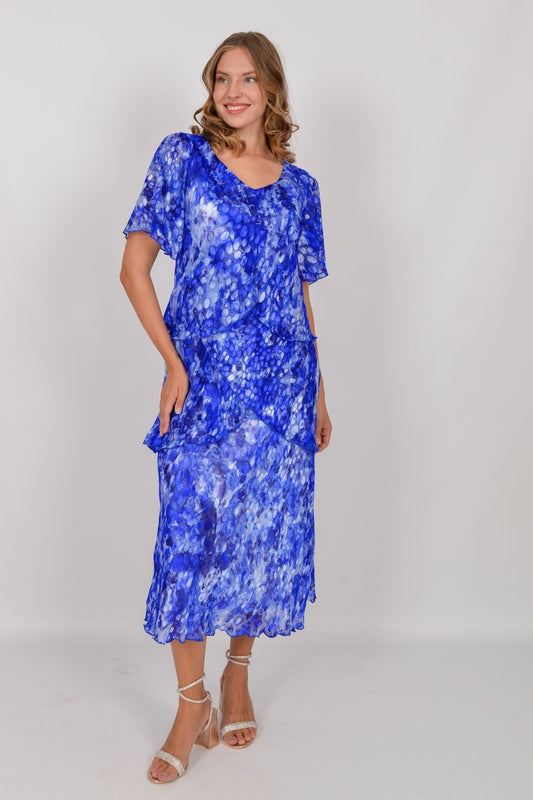 Allison Oval Print Layered Silk Dress - Royal/Multi - 4797-13