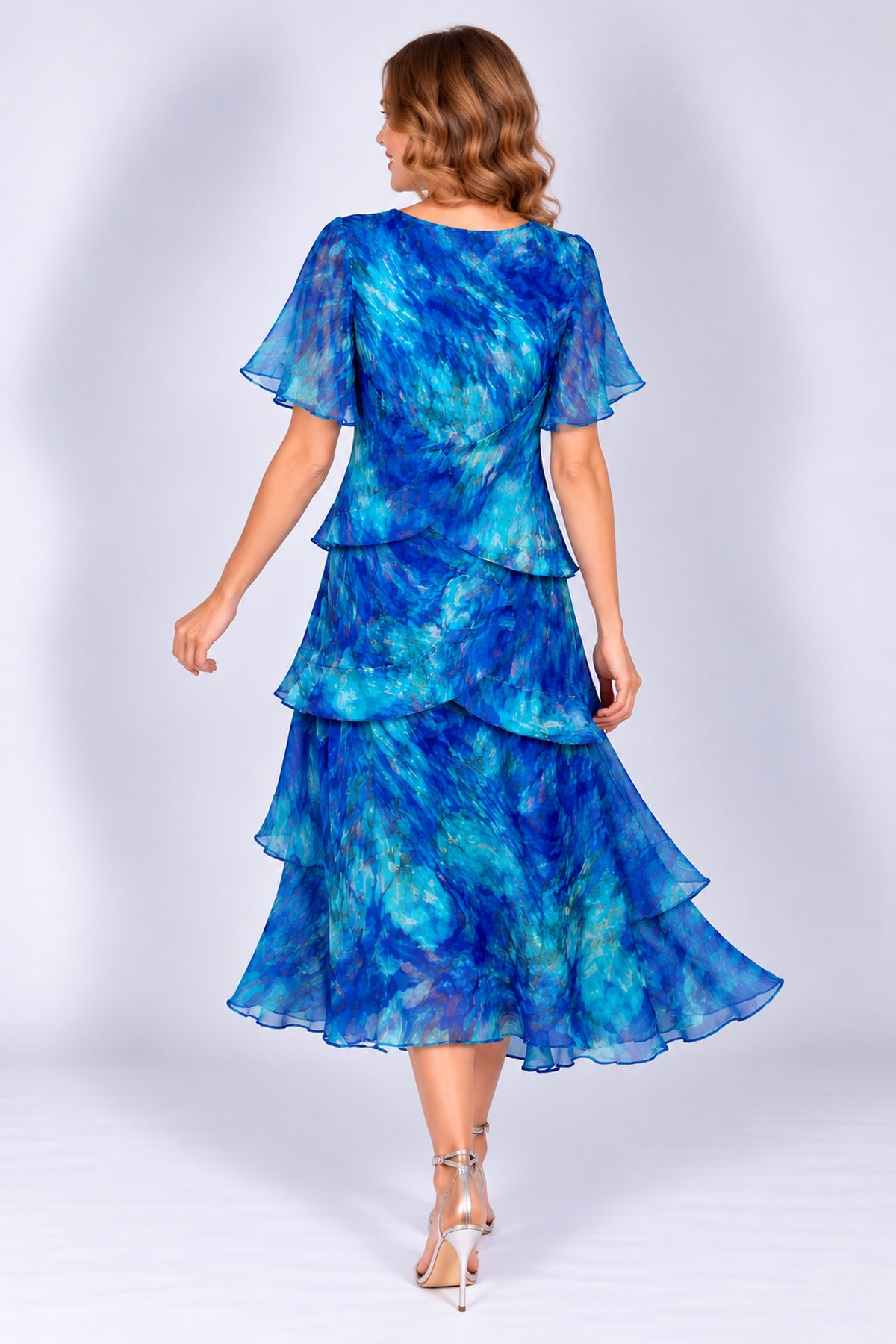 Allison Floral Print Layered Silk Dress Royal Blue 4797-23