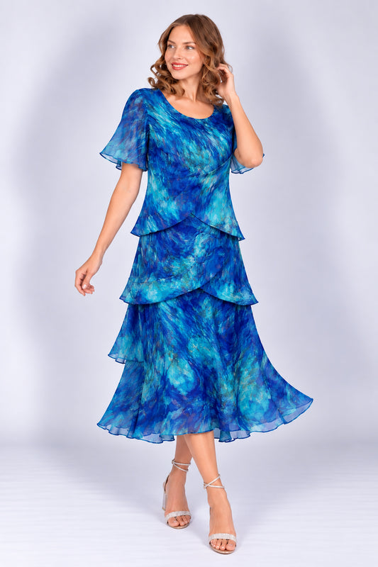 Allison Floral Print Layered Silk Dress Royal Blue 4797-23