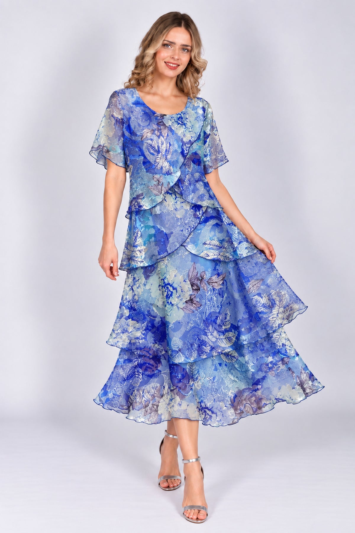 Allison Foliage Print Layered Detail Silk Dress - Royal Sky Blue - 4797-63