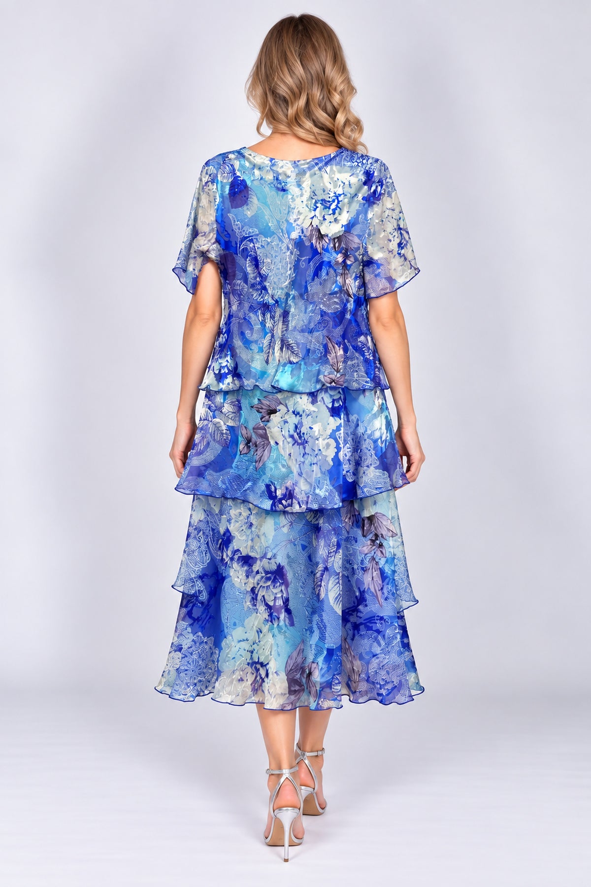 Allison Foliage Print Layered Detail Silk Dress - Royal Sky Blue - 4797-63