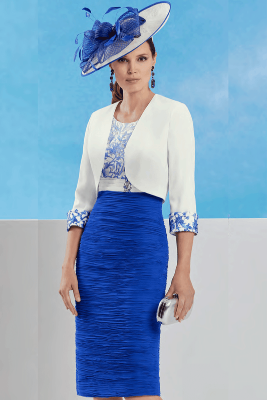 Condici Ruched Lace Detail Dress & Jacket - Cream/Rich Hydrangea - 71078-855