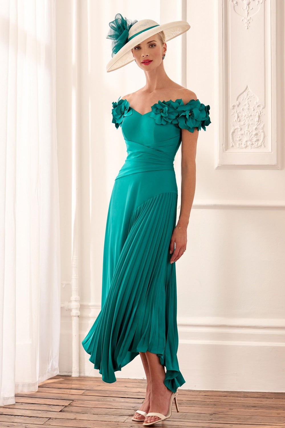 John Charles London A-Line Crepe Pleated Dress - Peacock - 66632B