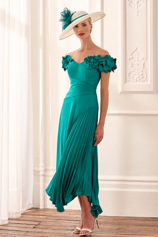 John Charles London A-Line Crepe Pleated Dress - Peacock - 66632B