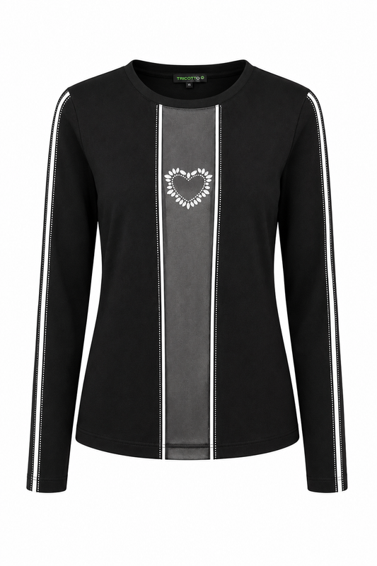 Tricotto Heart Detail Stripe Panel Top Black 96001