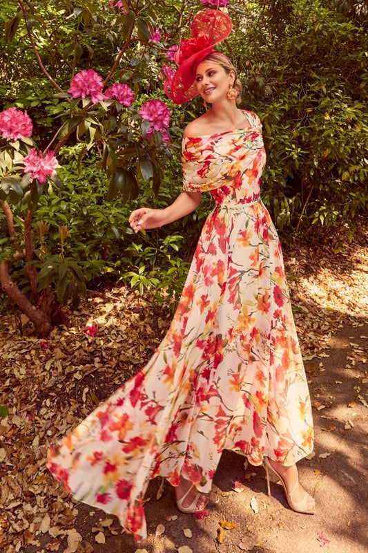 Invitations by Veni Floral Off The Shoulder Print Dress - Fuxia/Coral- 36030